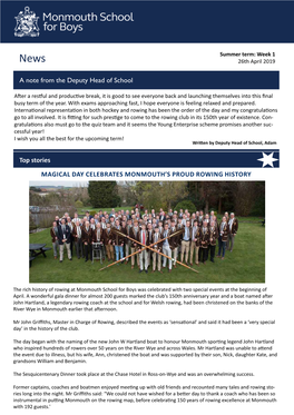 A Note from the Deputy Head of School Top Stories MAGICAL DAY CELEBRATES MONMOUTH's PROUD ROWING HISTORY