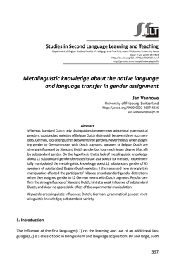 Metalinguistic Knowledge About the Native Language and Language Transfer in Gender Assignment