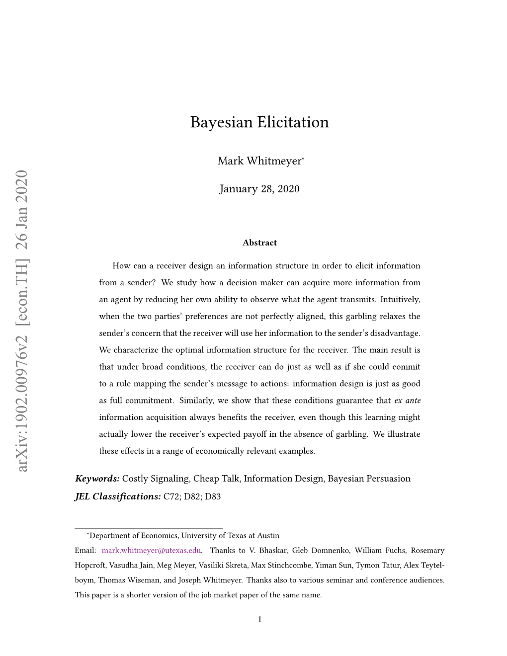 Bayesian Elicitation Arxiv:1902.00976V2 [Econ.TH] 26