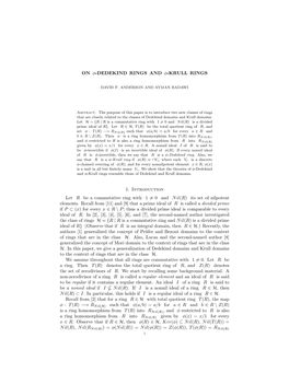 ON Φ-DEDEKIND RINGS and Φ-KRULL RINGS 1. Introduction Let R Be a Commutative Ring with 1 = 0 and Nil(R) Its Set of Nilpotent E