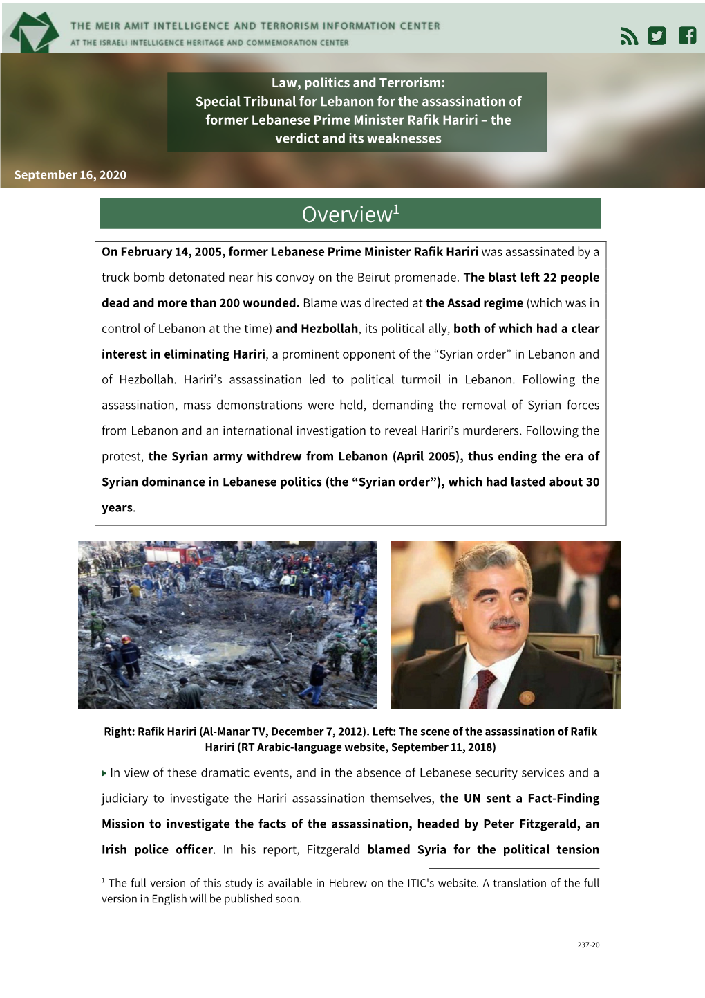 Special Tribunal for Lebanon for the Assassination of Former Lebanese Prime Minister Rafik Hariri – the Verdict and Its Weaknesses