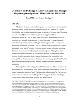 Continuity and Change in American Economic Thought Regarding Immigration: 1890-1950 and 1985-1995