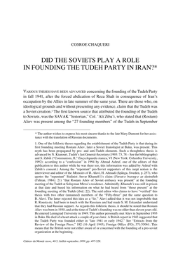 Did the Soviets Play a Role in Founding the Tudeh Party in Iran?*