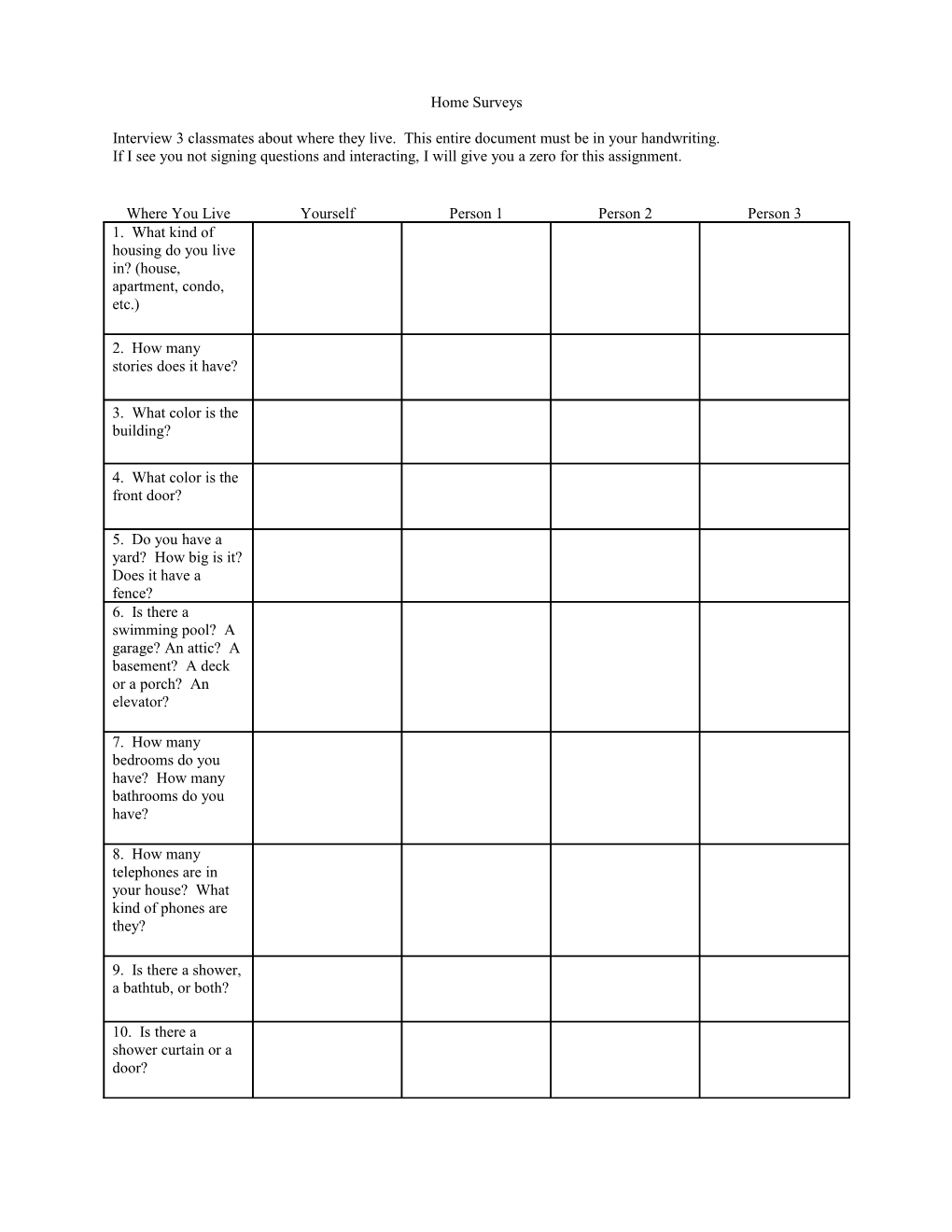 Interview 3 Classmates About Where They Live. This Entire Document Must Be in Your Handwriting