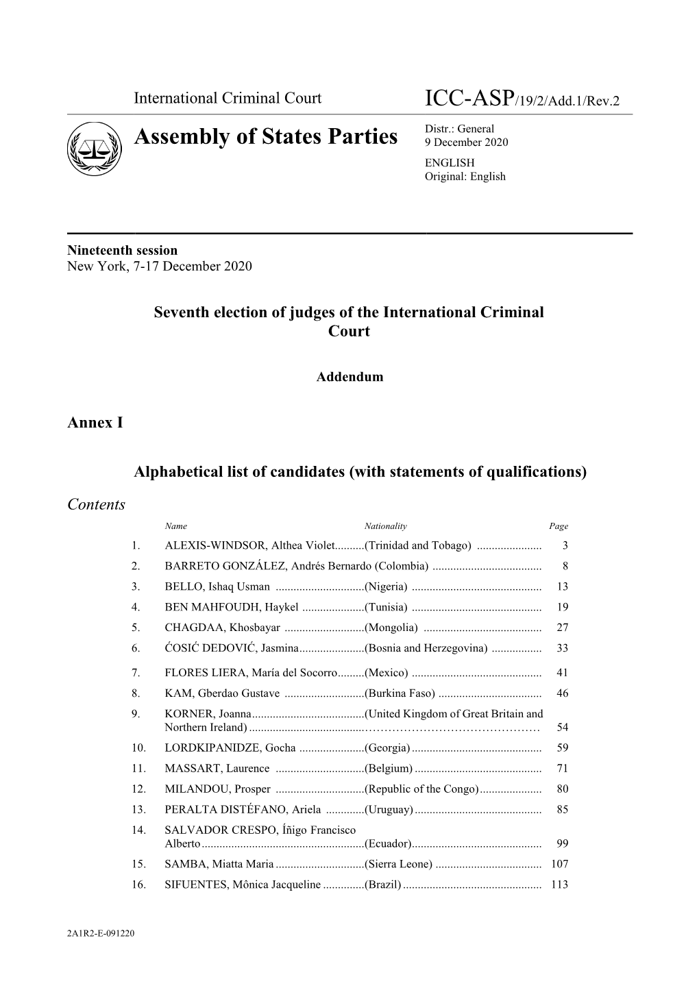 Assembly of States Parties 9 December 2020 ENGLISH Original: English