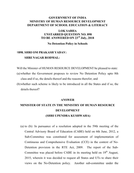 Government of India Ministry of Human Resource Development Department of School Education & Literacy Lok Sabha Unstarred Question No