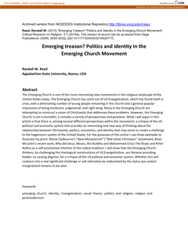 Politics and Identity in the Emerging Church Movement", Critical Research on Religion, 2:1 (2014A)