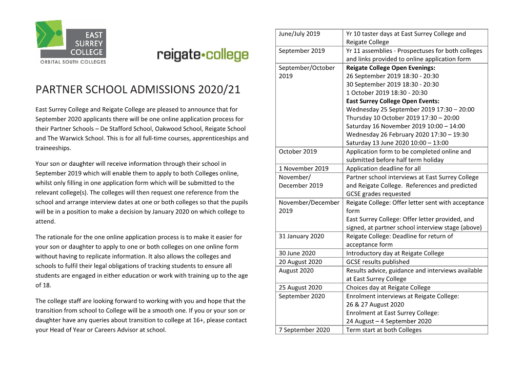 Partner School Admissions 2020/21