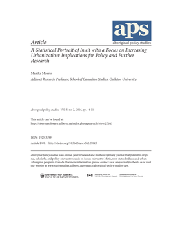 Article a Statistical Portrait of Inuit with a Focus on Increasing Urbanization: Implications for Policy and Further Research
