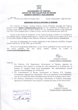 GOVERNMENT of TRIPURA OFFICE of the COLLECTOR of EXCISE UNAKOTI DISTRICT: KAILASHAHAR 5 N0."6.3-1- 7F.III- 1(11)-CEU /E-Tender / 2021 Dated, Kailashahar 05/ 08/2021