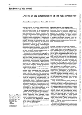 Syndrome of the Month Defects in the Determination of Left-Right Asymmetry