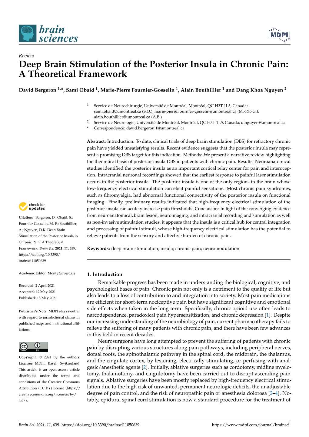 Deep Brain Stimulation of the Posterior Insula in Chronic Pain: a Theoretical Framework