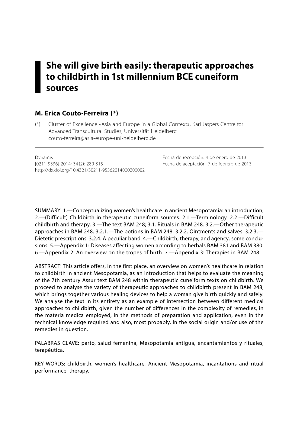 She Will Give Birth Easily: Therapeutic Approaches to Childbirth in 1St Millennium BCE Cuneiform Sources