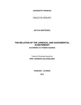 The Relation of the Juridical and Sacramental in Matrimony According to Thomas Aquinas