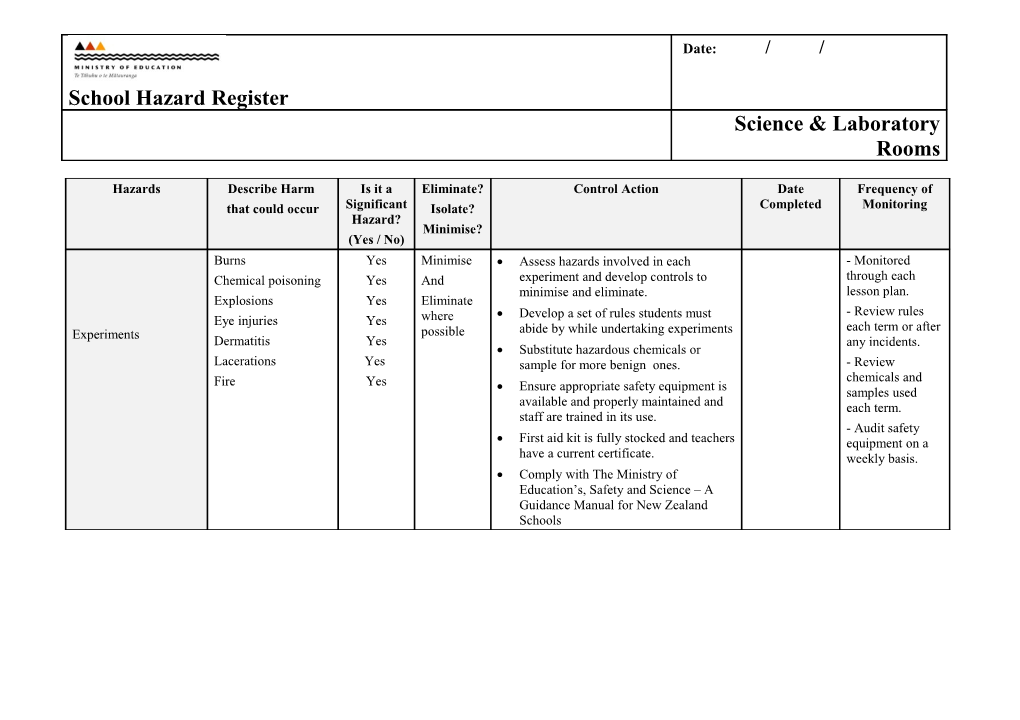 School Hazard Register - Science & Laboratory Rooms