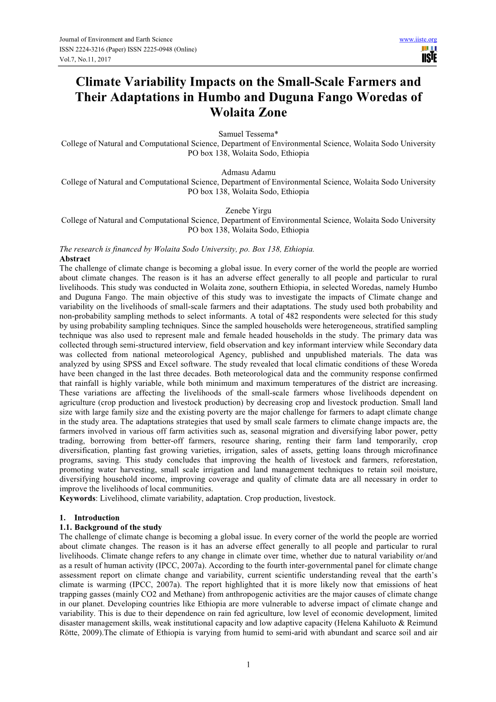 Climate Variability Impacts on the Small-Scale Farmers and Their Adaptations in Humbo and Duguna Fango Woredas of Wolaita Zone