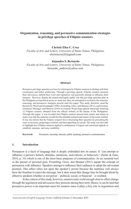 Organization, Reasoning, and Persuasive Communication Strategies in Privilege Speeches of Filipino Senators