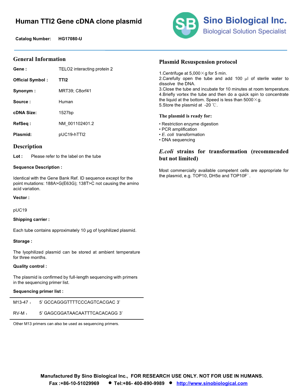 Human TTI2 Gene Cdna Clone Plasmid