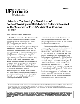 Five Colors of Double-Flowering and Heat-Tolerant Cultivars Released by the University of Florida's Lisianthus Breeding Program1