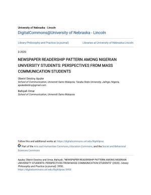 Newspaper Readership Pattern Among Nigerian University Students: Perspectives from Mass Communication Students