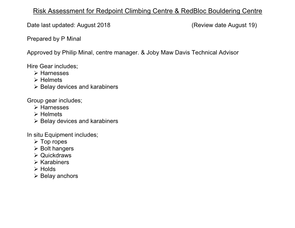 Risk Assessment for Redpoint Climbing Centre & Redbloc