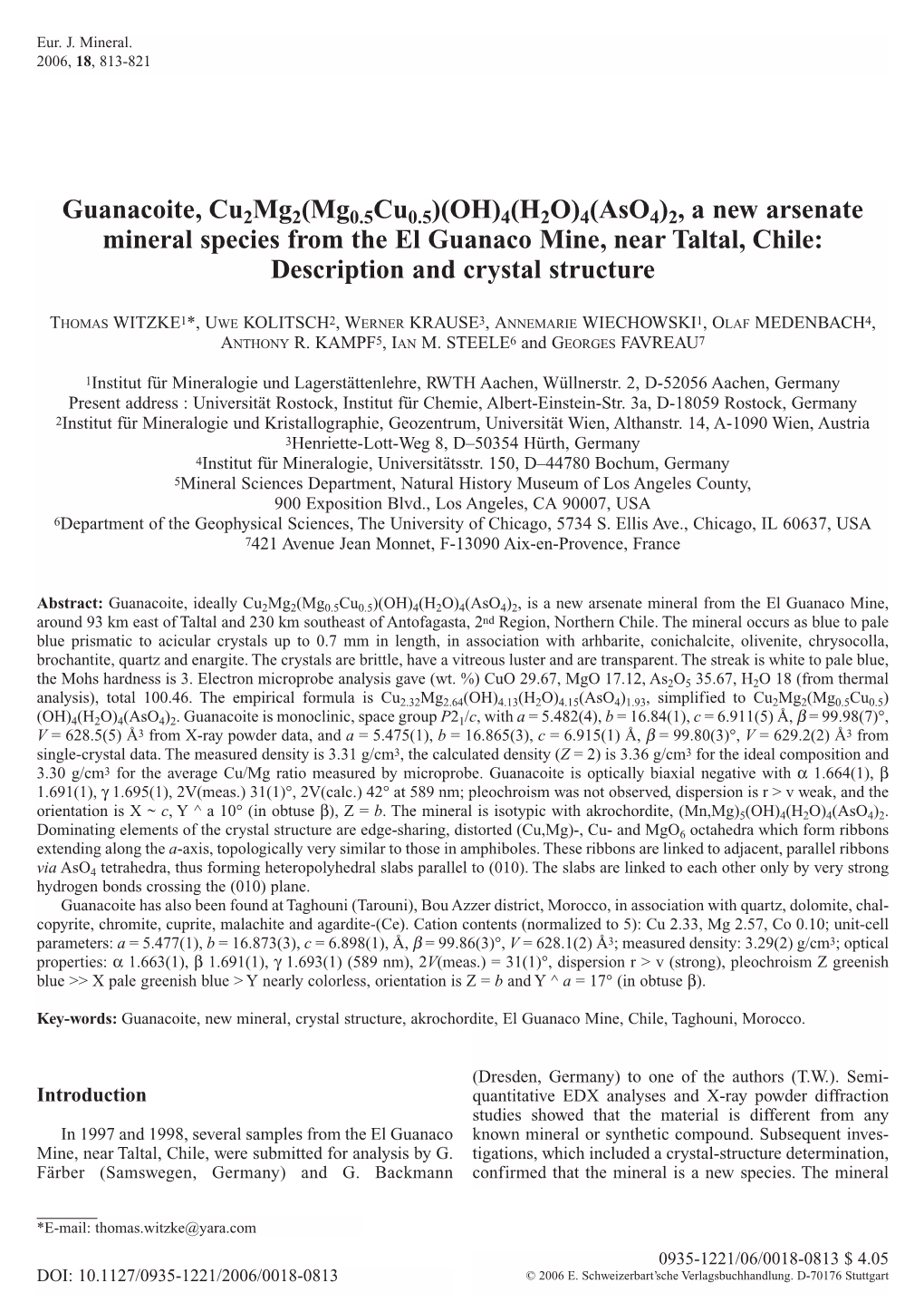 2, a New Arsenate Mineral Species from the El Guanaco Mine, Near Taltal, Chile: Description and Crystal Structure