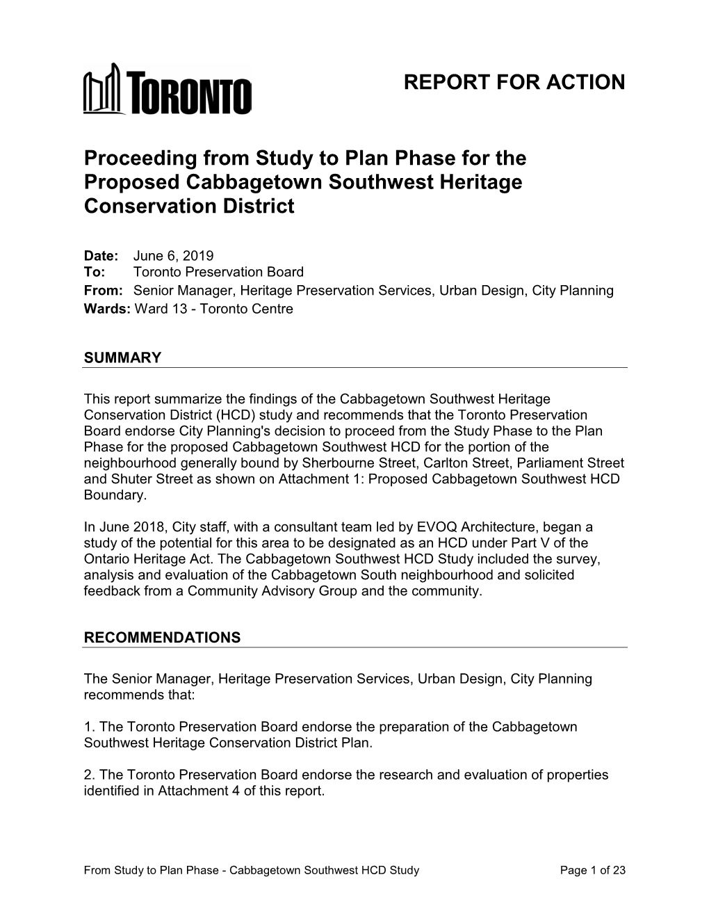 Proceeding from Study to Plan Phase for the Proposed Cabbagetown Southwest Heritage Conservation District