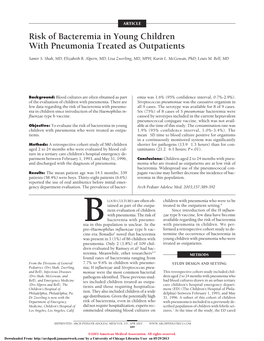 Risk of Bacteremia in Young Children with Pneumonia Treated As Outpatients