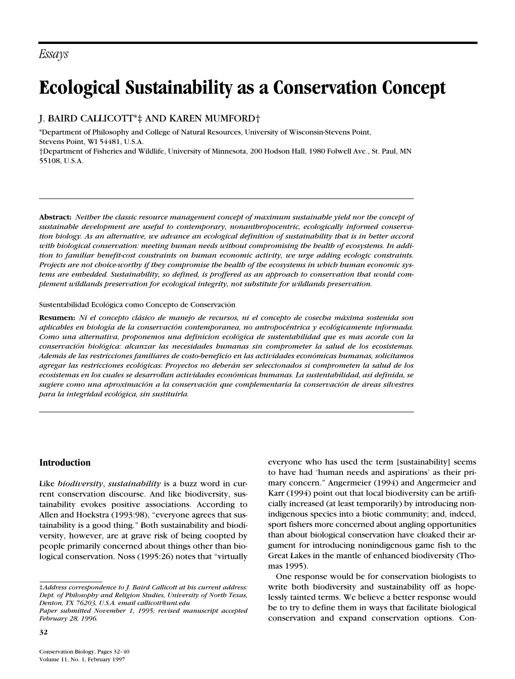 Ecological Sustainability As a Conservation Concept