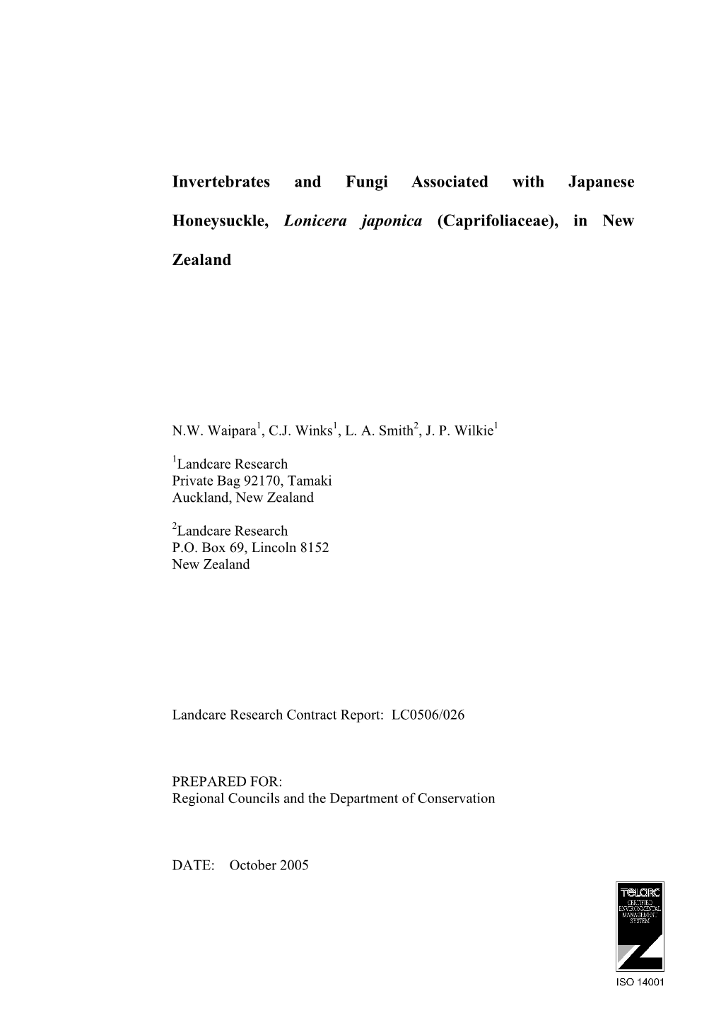 Invertebrates and Fungi Associated with Japanese Honeysuckle, Lonicera Japonica