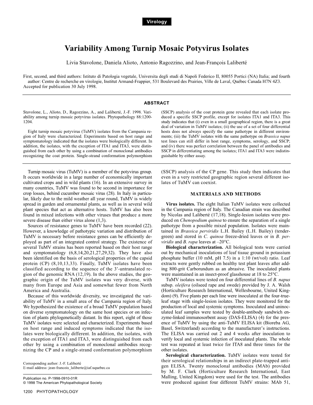 Variability Among Turnip Mosaic Potyvirus Isolates