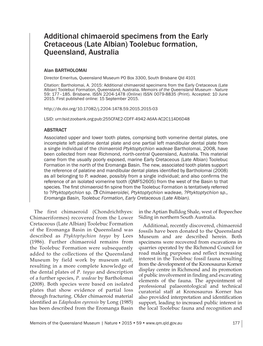 Additional Chimaeroid Specimens from the Early Cretaceous (Late Albian) Toolebuc Formation, Queensland, Australia