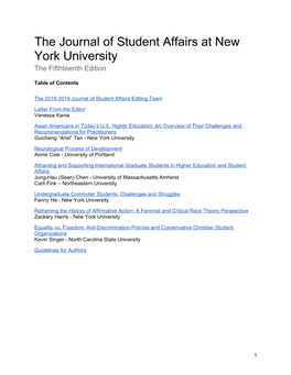 The Journal of Student Affairs at New York University the Fifthteenth Edition