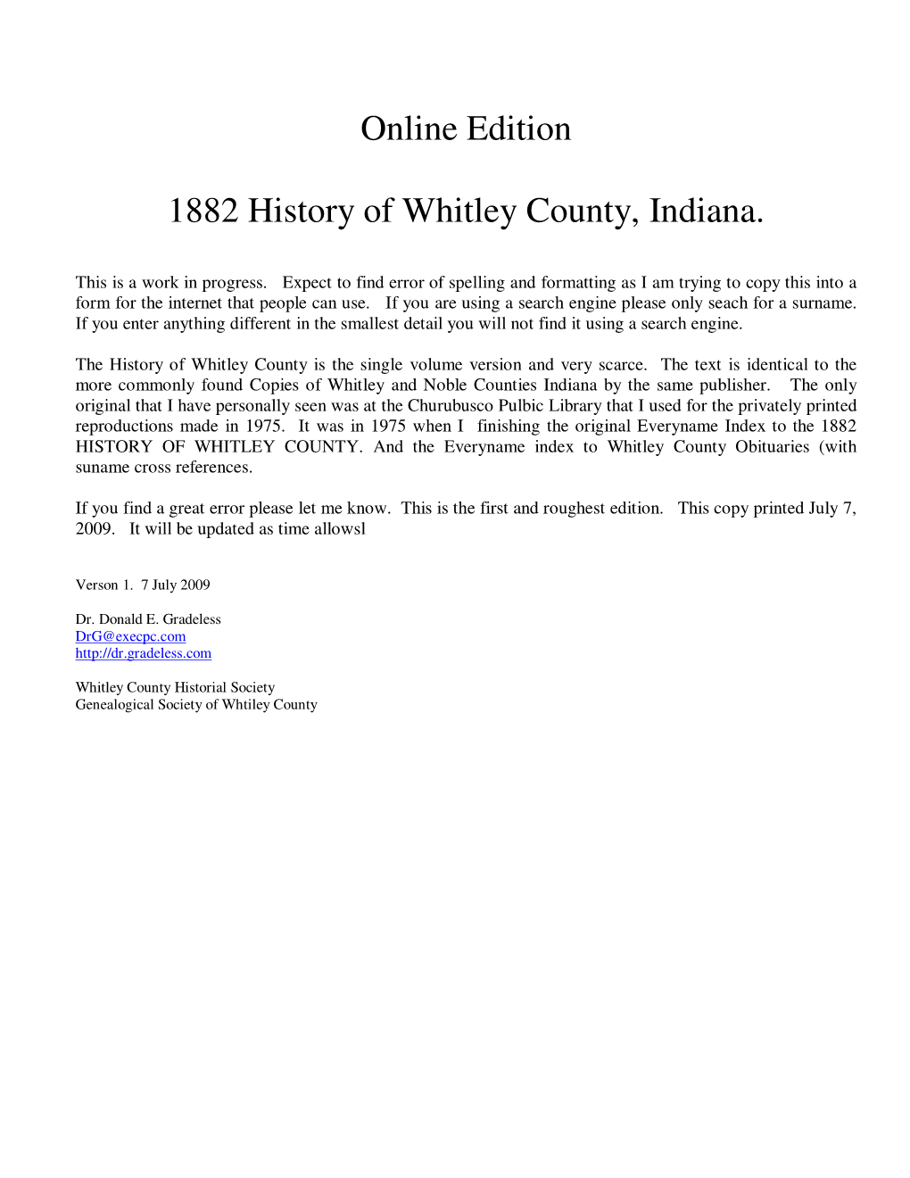 Online Edition 1882 History of Whitley County, Indiana