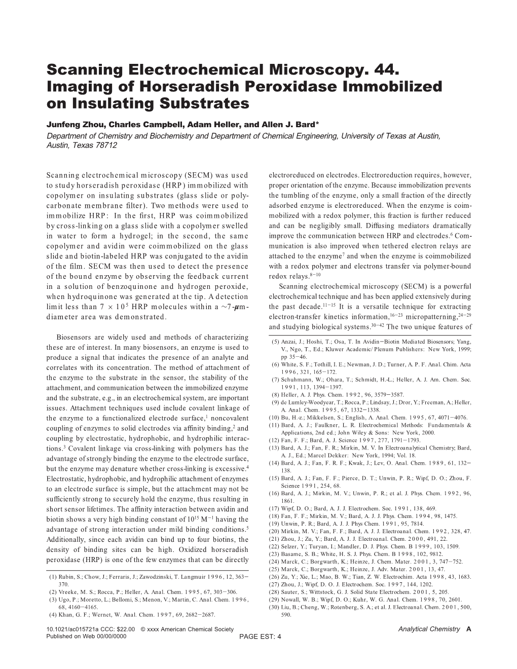 Scanning Electrochemical Microscopy. 44. Imaging of Horseradish Peroxidase Immobilized on Insulating Substrates