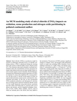 An MCM Modeling Study of Nitryl Chloride (Clno2) Impacts on Oxidation, Ozone Production and Nitrogen Oxide Partitioning in Polluted Continental Outﬂow