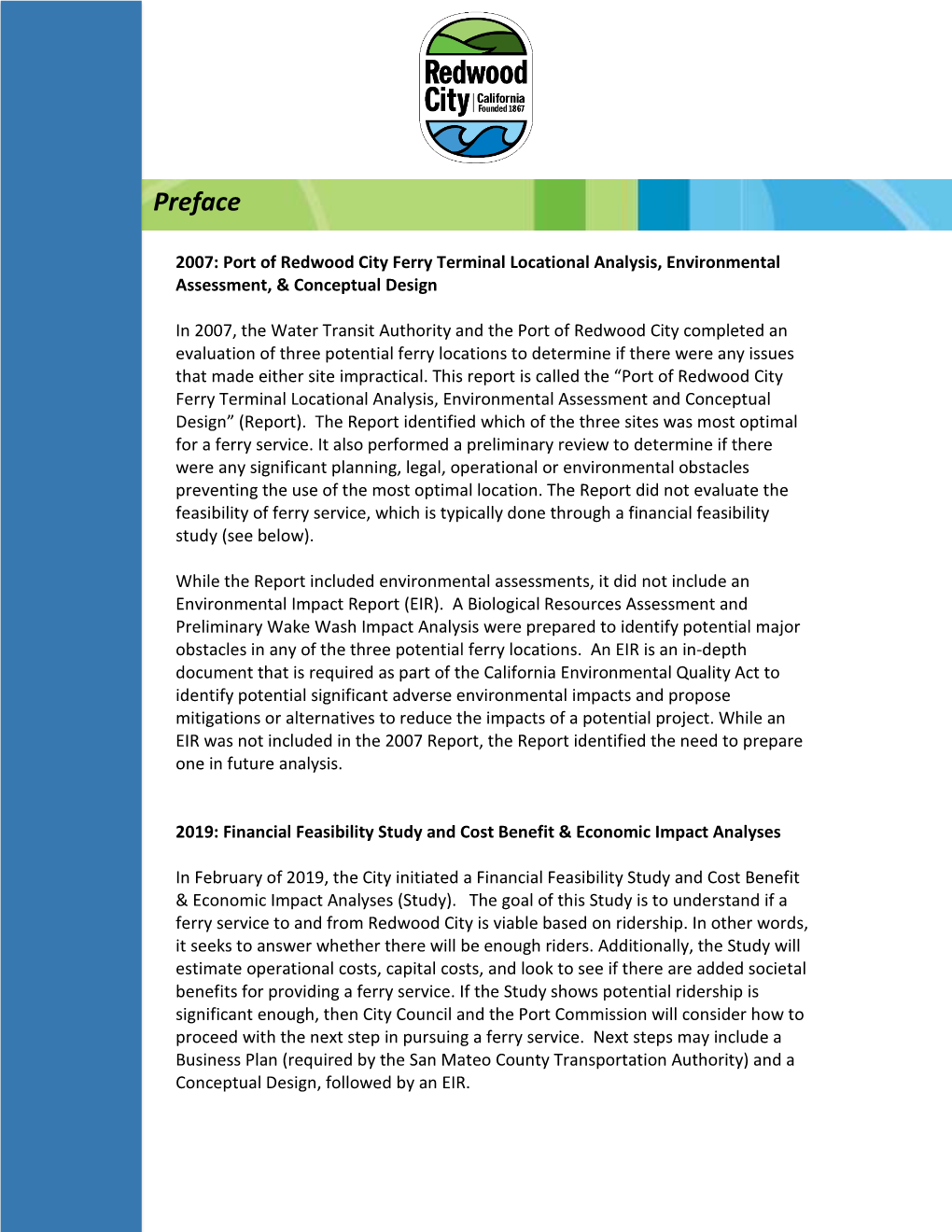 Redwood City Ferry Terminal Locational Analysis, Environmental Assessment, & Conceptual Design