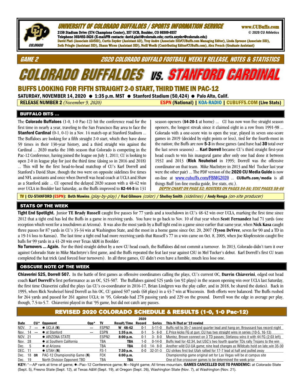 University of Colorado Buffaloes / Sports Information Service Game 2 2020 Colorado Buffalo Football Weekly Release, Notes &