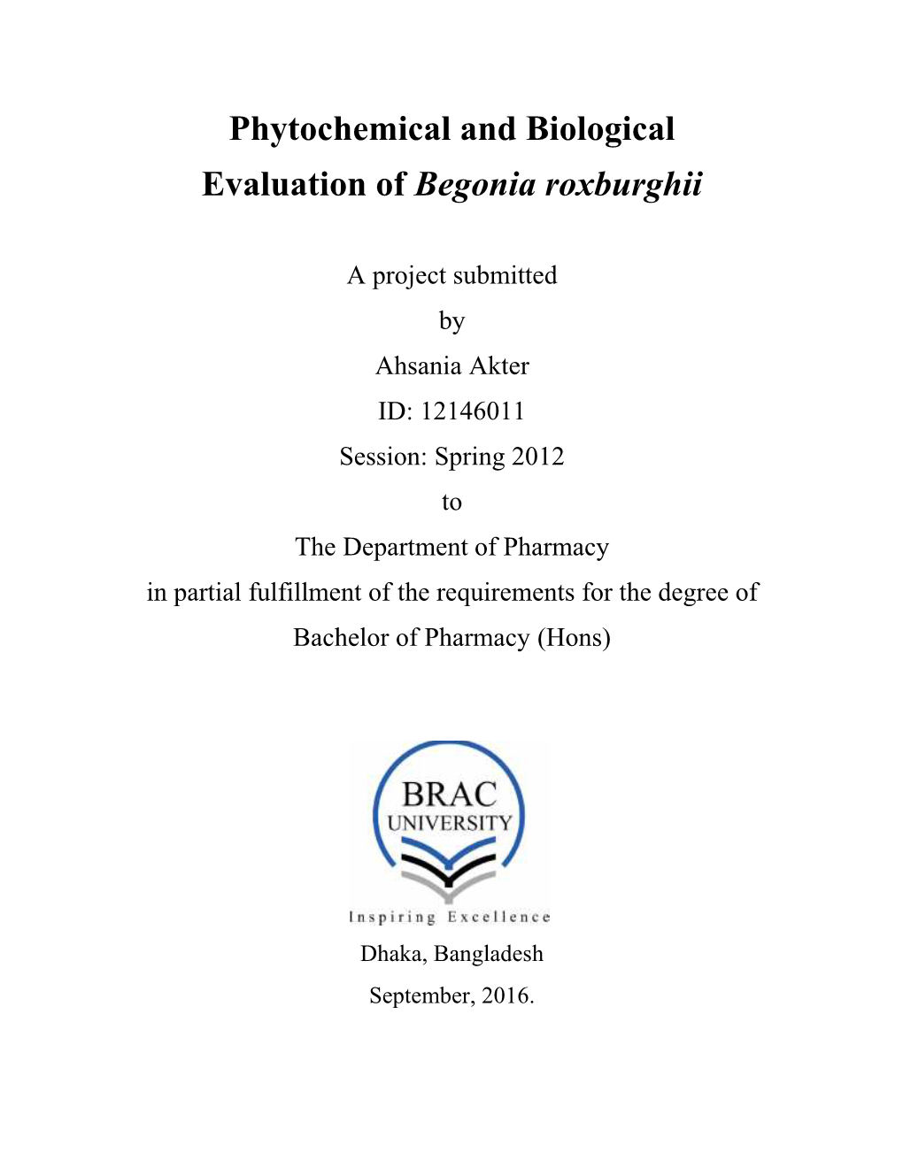 Phytochemical and Biological Evaluation of Begonia Roxburghii