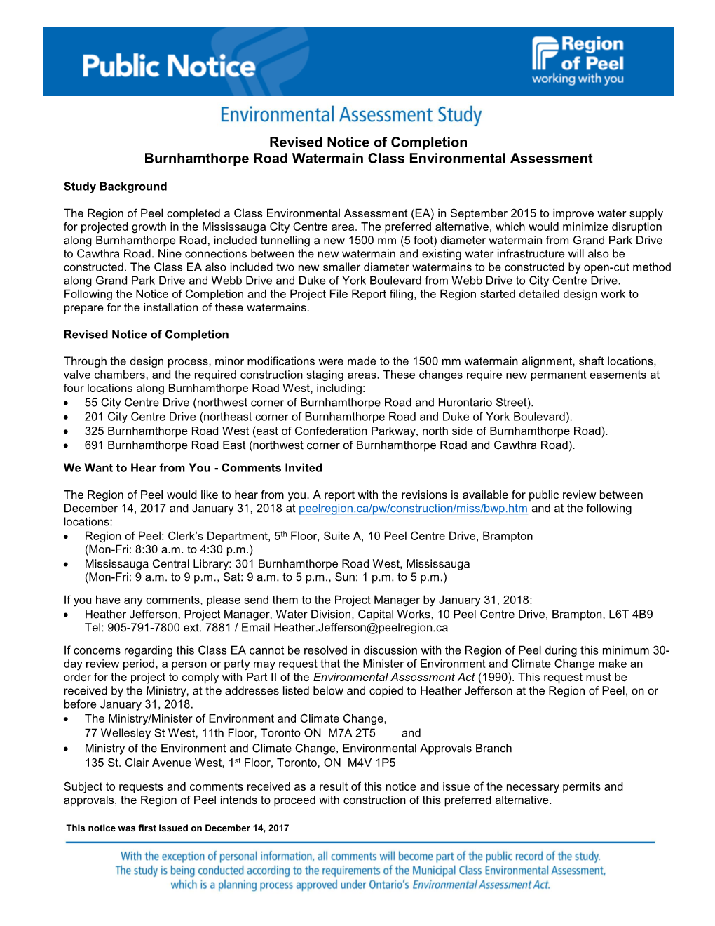 Revised Notice of Completion Burnhamthorpe Road Watermain Class Environmental Assessment