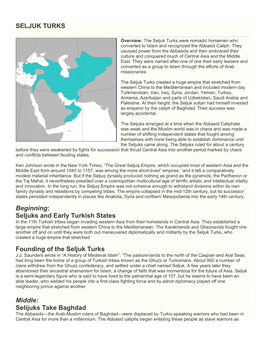 SELJUK TURKS Beginning: Seljuks and Early Turkish States Founding