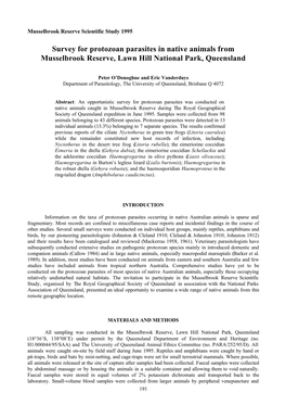 Survey for Protozoan Parasites in Native Animals from Musselbrook Reserve, Lawn Hill National Park, Queensland