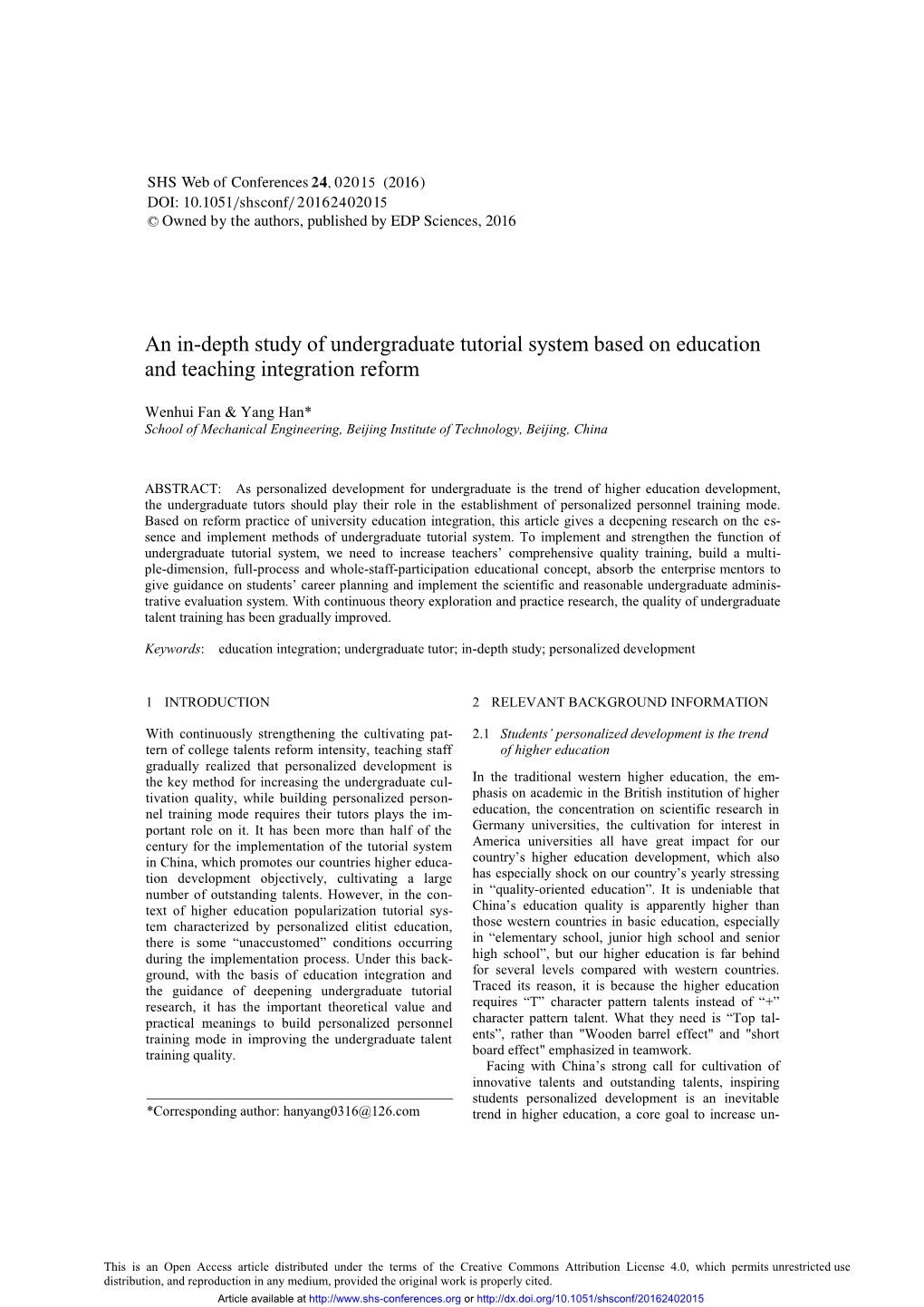 An In-Depth Study of Undergraduate Tutorial System Based on Education and Teaching Integration Reform