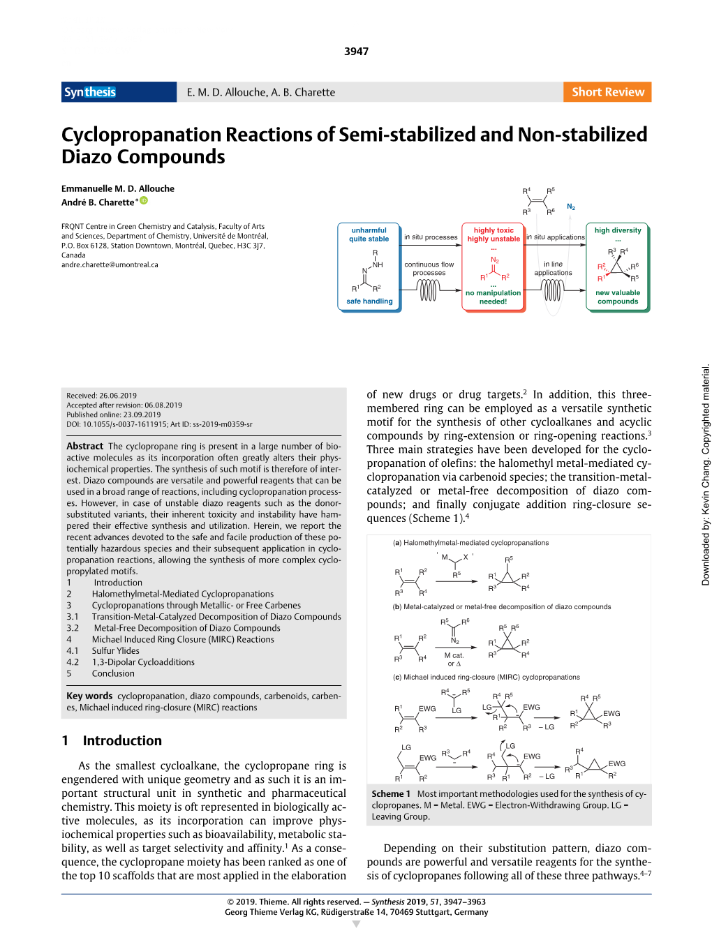 Cyclopropanation Reactions of Semi-Stabilized and Non-Stabilized Diazo Compounds