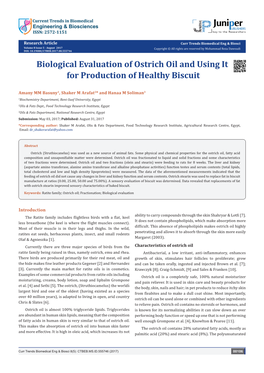 Biological Evaluation of Ostrich Oil and Using It for Production of Healthy Biscuit