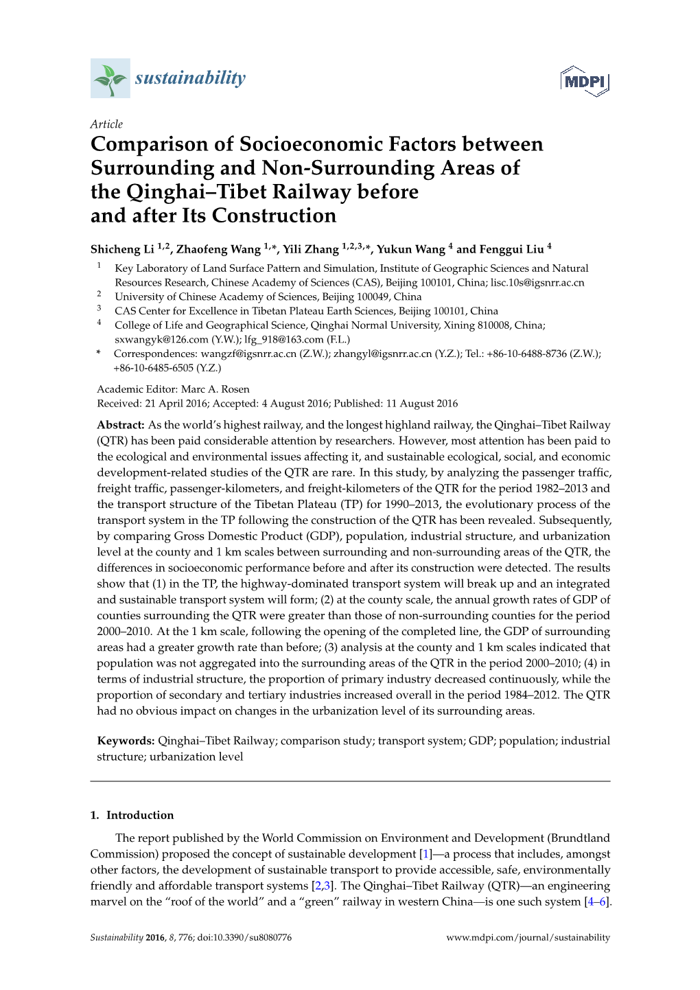 Comparison of Socioeconomic Factors Between Surrounding and Non-Surrounding Areas of the Qinghai–Tibet Railway Before and After Its Construction