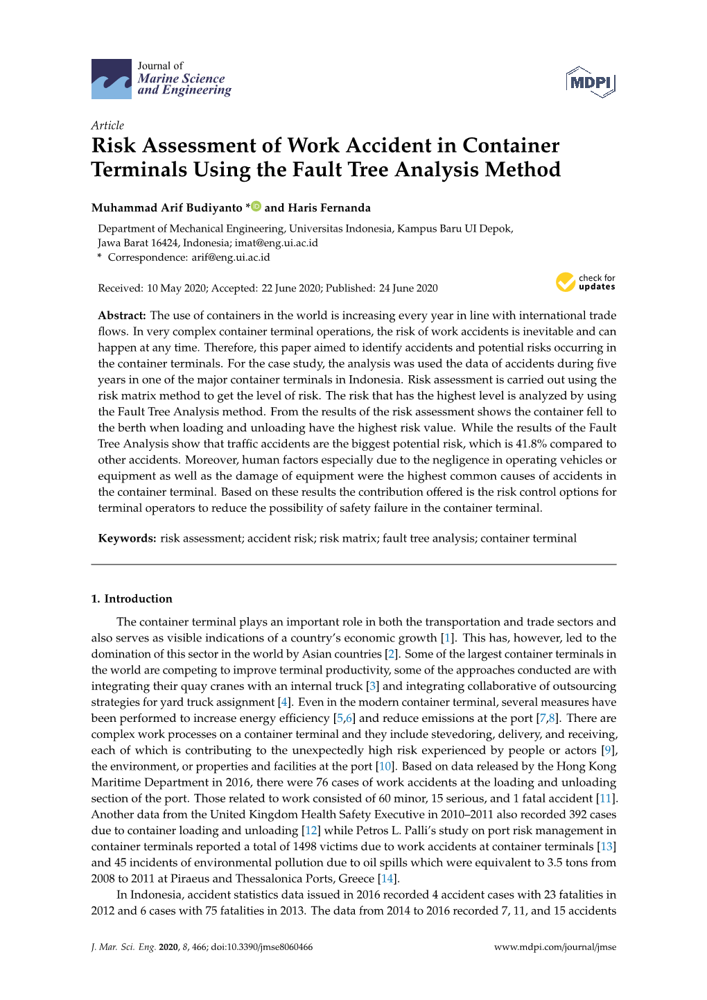 Risk Assessment of Work Accident in Container Terminals Using the Fault Tree Analysis Method