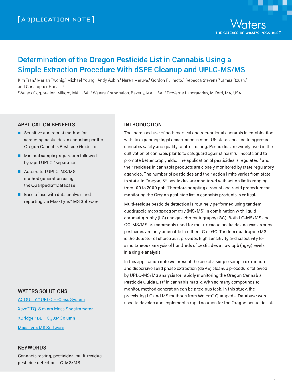Determination of Oregon Pesticide List in Cannabis Using a Simple Extraction Procedure with Dspe Cleanup and UPLC-MS/MS 2 [ APPLICATION NOTE ]