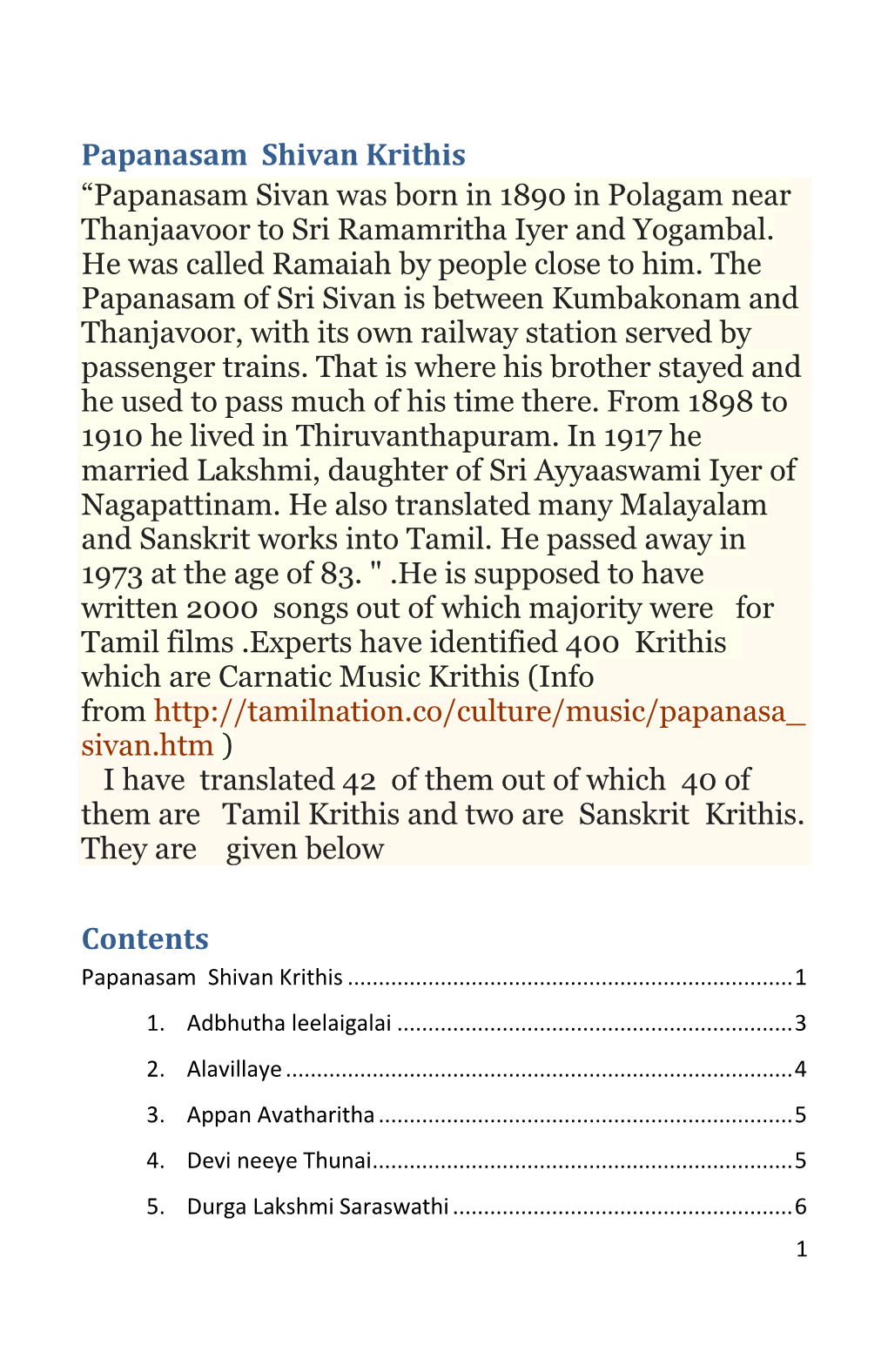 Papanasam Shivan Krithis Contents