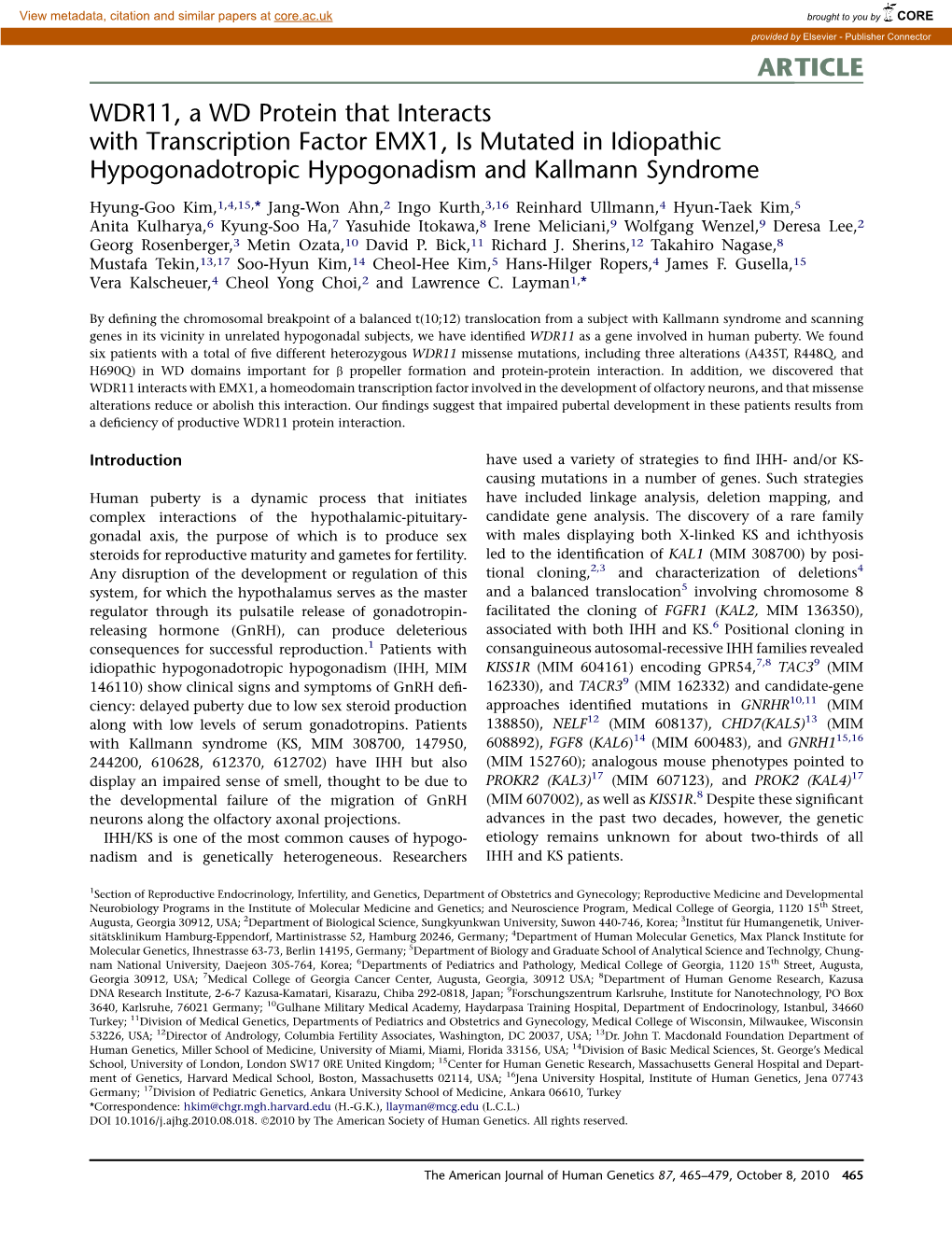 WDR11, a WD Protein That Interacts with Transcription Factor EMX1, Is Mutated in Idiopathic Hypogonadotropic Hypogonadism and Kallmann Syndrome